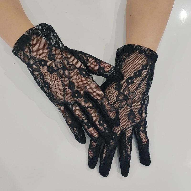 Sexy Black Hollow Mesh Gloves Sunscreen Thin Elegant Short Transparen Sheer Mittens Bridal Wedding Dress Gloves