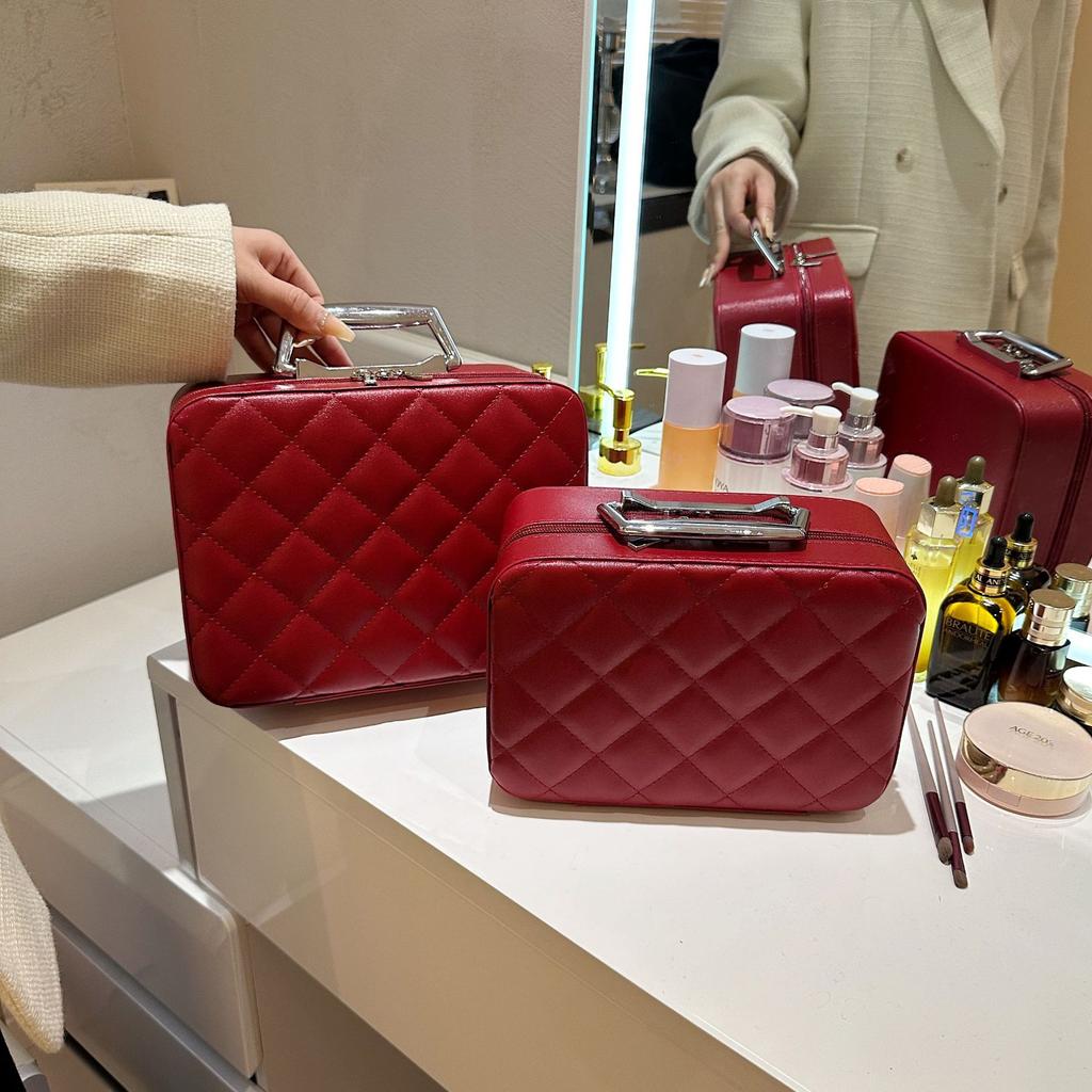 Leather Argyle Portable Women Cosmetic Bag Multifunction Waterproof Travel Storage Organize Handbag Female Mirror Makeup Case