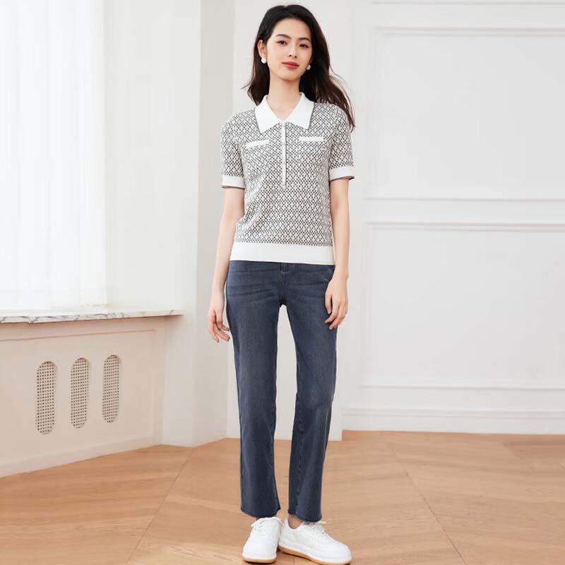 JESSIE Women's Shimmer Contrast Lapel Short Sleeve Knit Top