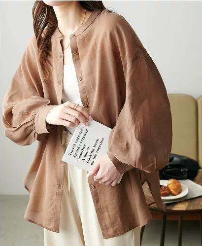 Day single spring and summer commute leisure vacation style loose and thin large size perspective long-sleeved shirt solid color shirt women