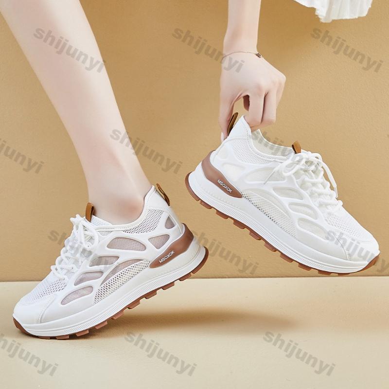 Women's White Sneakers Summer Height Increase Non Slip Breathable Sports Running Shoes Comfortable Fashion Lace Up Casual Shoes