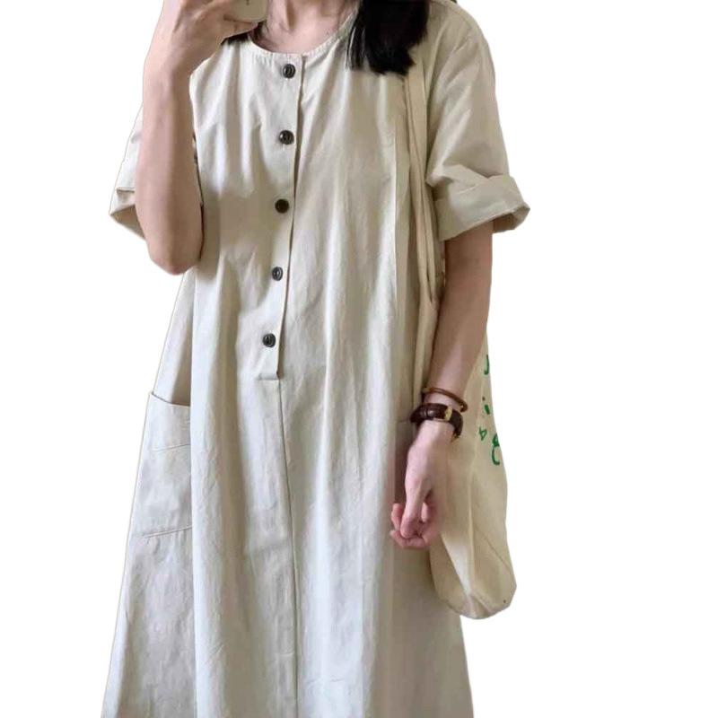 Women's summer new literary and retro Japanese long dress loose casual and thin short-sleeved dress small lazy style