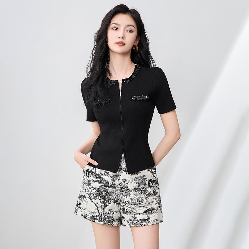 Beaded Sequin Tencel Knit Cardigan with Double Zipper, Short Sleeve & Round Neck