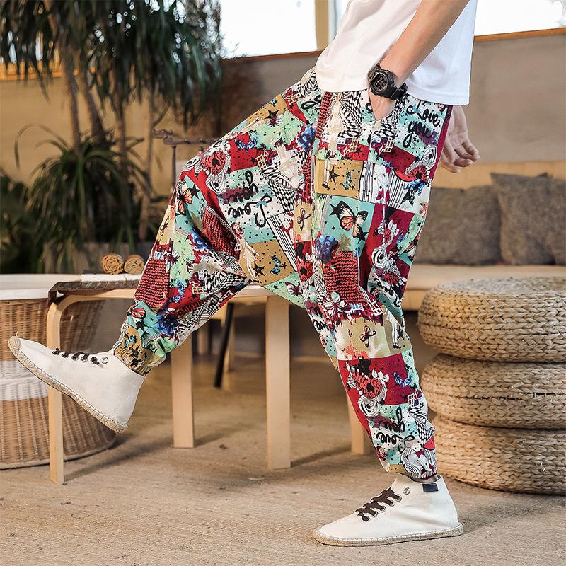 Men Harem Pants Print Retro Drop Crotch Joggers Trousers Men Baggy Loose Nepal Style Men Casual Pants