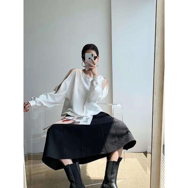 Design Zipper Off-shoulder Long Sleeve Round Neck Loose Top Women's Sweatshirt 2025 New Women's Korean Fashion