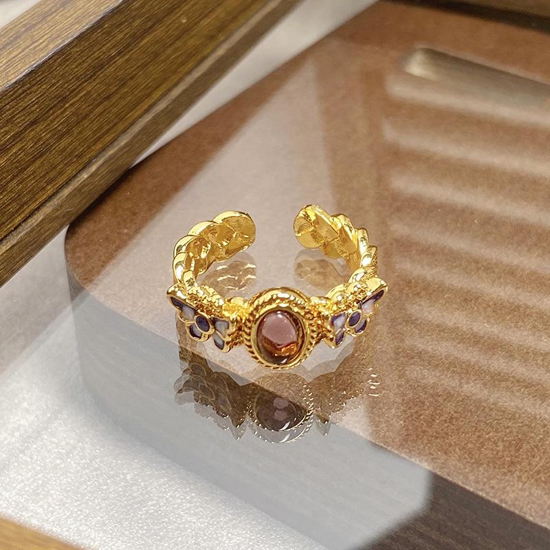 Medieval Vintage Retro Colored Enamel Open Ring Women'S Niche High-End Light Luxury Personality Ring