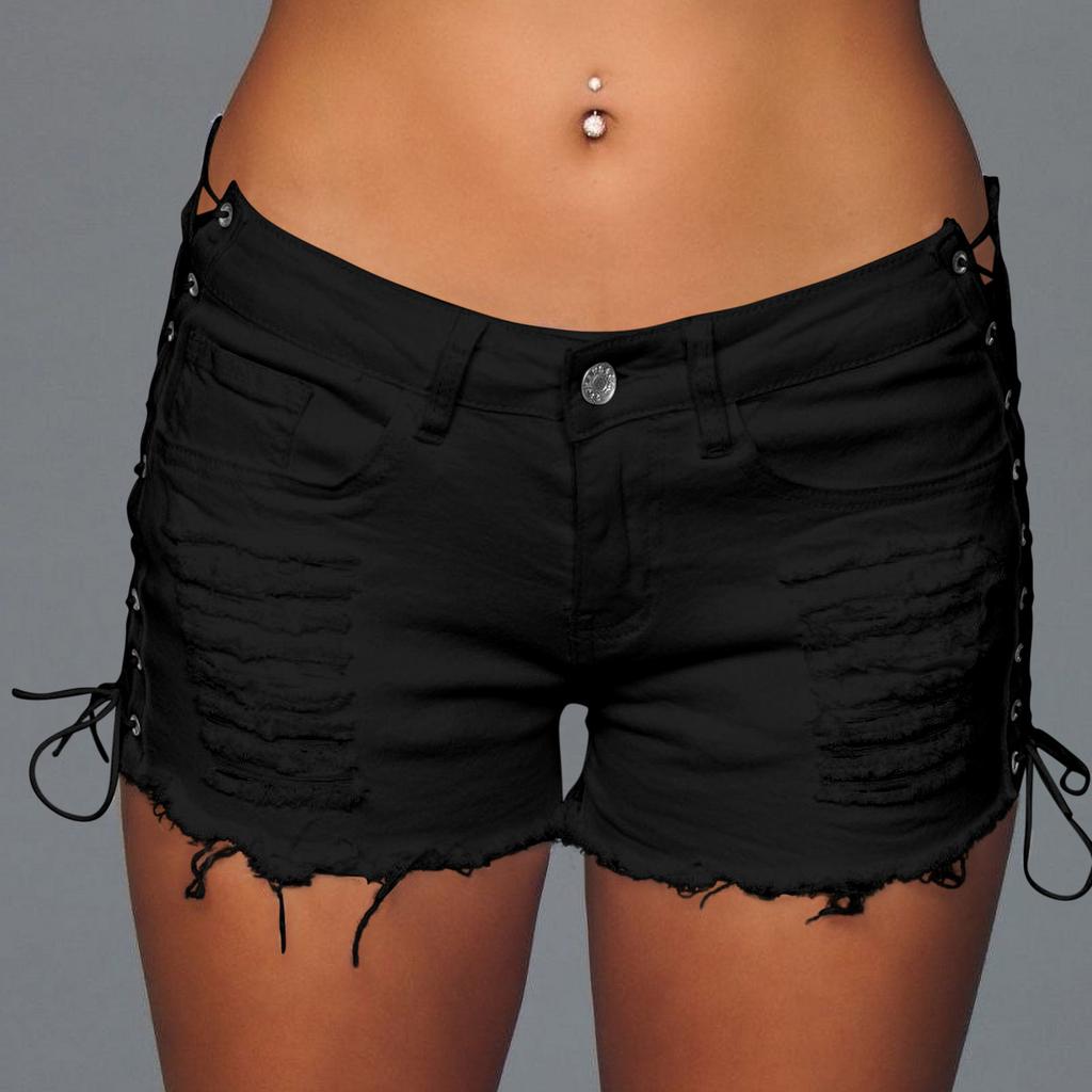 Women's Sexy Hot Pants Ripped Sexy Street Cut Low Top Denim Shorts Side Side Tether Pants Denim Shorts