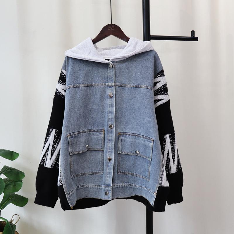 

Осень и зима новый худи с джинсовой вязкой в стиле пэчворк, кардиган, свободный повседневный свитер-куртка женский one size fits all чёрный