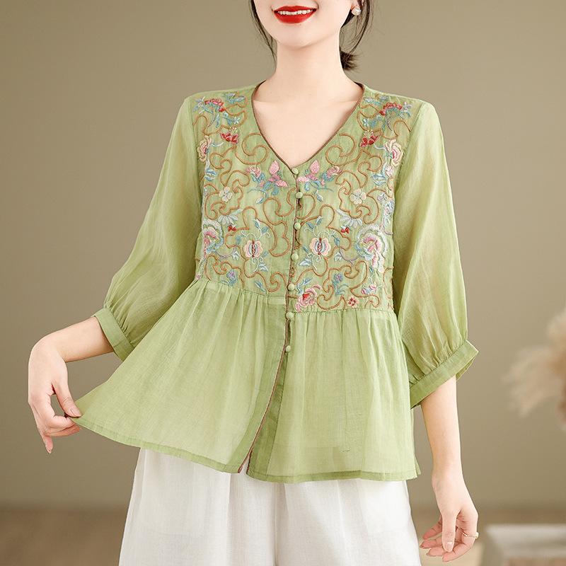 

Рубашка из хлопка и льна в стиле ретро с V-образным вырезом, женская летняя, новая, свободная и тонкая, с рукавом пять четвертей, повседневный кардиган XL зелёный