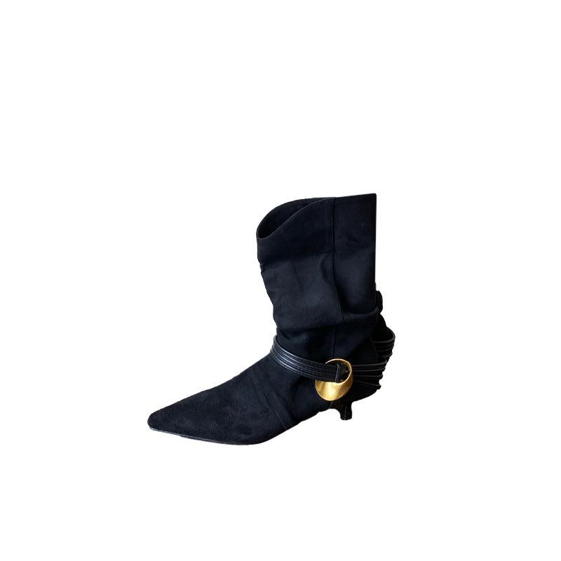 2025 autumn and winter new square head thin heel high heel temperament French fashion women's short boots suede metal decorative medium boots