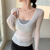 8-Threaded U-neck Blouse Women's Summer Thin Micro-transparent Slim-fit Outer Wear T-shirt Sunscreen Blouse