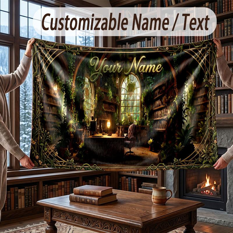 Nature Library Travel Theme Throw Blanket Custom Name Text Personalized Blanket Soft Cozy Blanket for Home Sofa Bed