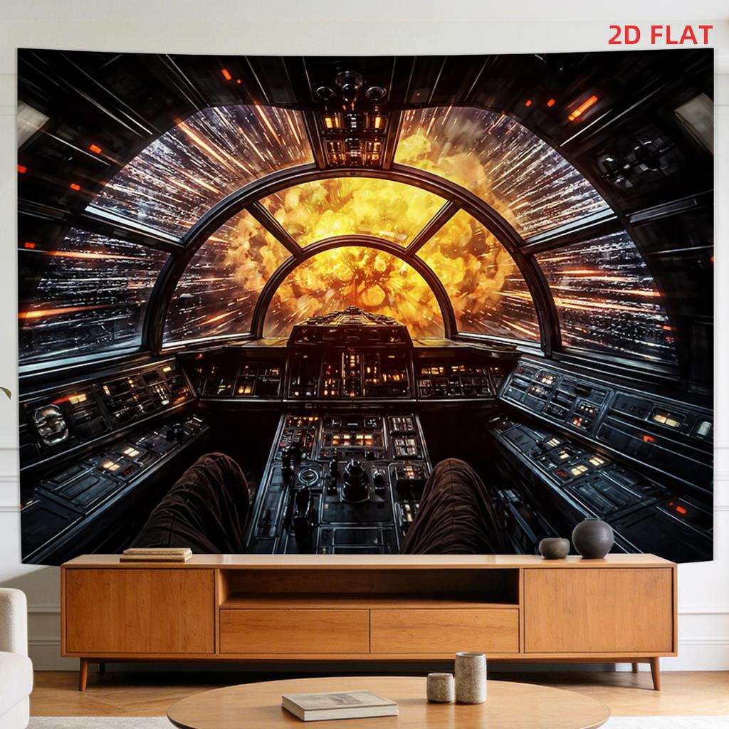 2D Flat - 2D Flat - A Tapestry Featuring a Large Or Small Design of a Spaceship Cockpit, Hyperdrive, Galaxies, Control Panels, And Explosions, Perfect