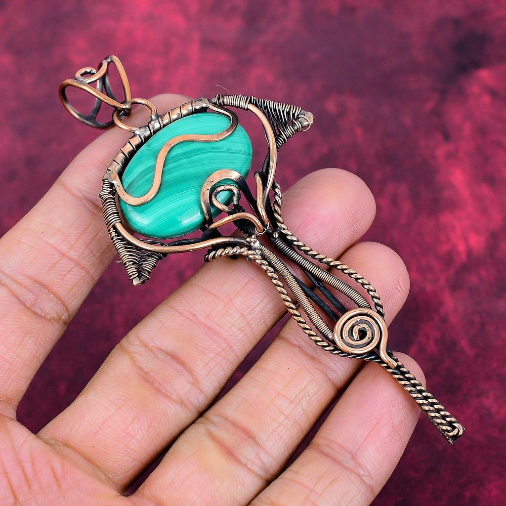 Malachite Gemstone Pendant Copper Wire Wrapped Pendant Handmade Antique Jewelry