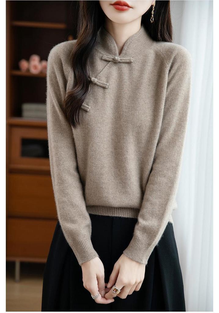 100% Australian Wool Retro Chinese Style Frog Button Sweater - Women's Thick Wool Base Layer for Autumn/Winter 2025.