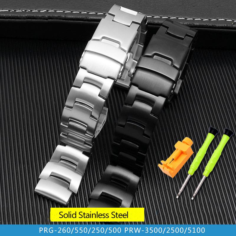 Solid Stainless Steel Watchband for PROTREK Casio PRG-260 PRG-270 PRG-550 PRW-3500/2500/5100 Watch Band Strap Silver Black 18mm