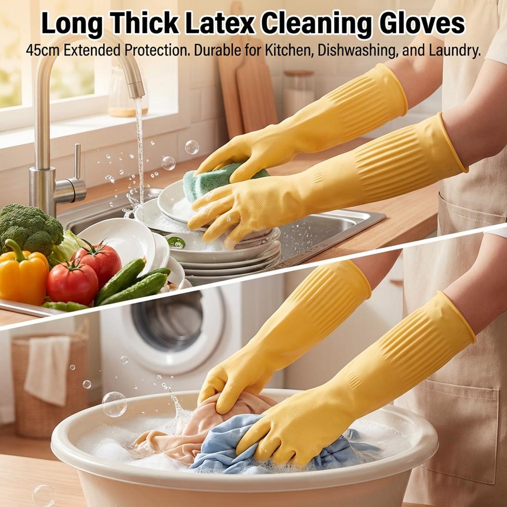 Long Rubber Gloves for Kitchen Cleaning Dishwashing Laundry Durable Latex Flocking Warm Thickened