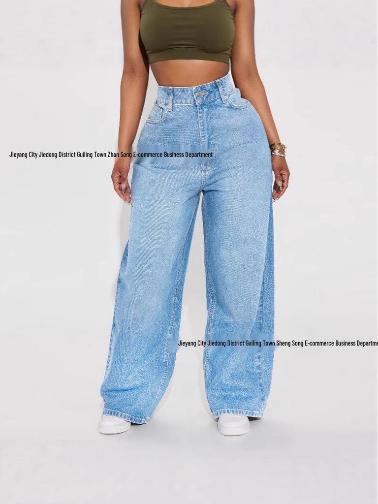 Evropské a americké džíny s vysokým pasem, tmavě modré, široké nohavice po zem pro ženy - Korejský styl, trendy volný střih
