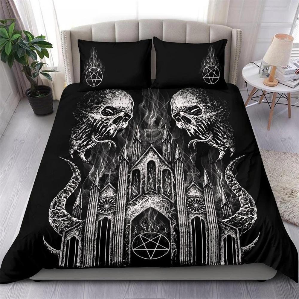 Skull Skeleton Satanic Goat Skull Duvet Cover Set Trophy Demon Breed Bedding Sets Night Blue Pink Satanic Baphomet Quilt Cover