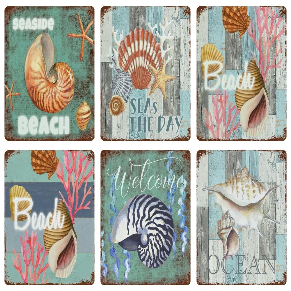Vintage Sea Turtle Decor, Sea Snail, Metal Tin Sign, Nautical Beach Ocean Theme, Retro Seaside Underwater Summer Plates, WY283