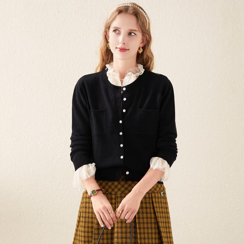 TUHUANG Women's Pure Wool Round Neck Cardigan Sweater