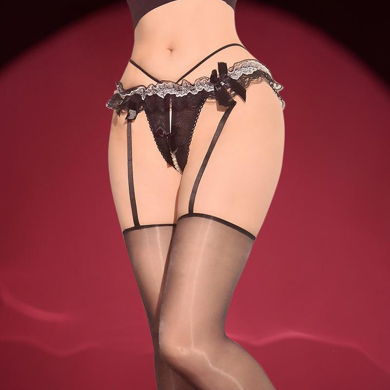 New Fashion Purple Pearl Garter Stockings Glossy Horse Oil Lace Suspender Thigh Highs Open Crotch Long Sock Sheer Tights