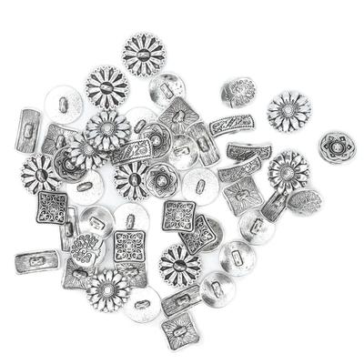 50pcs Antique Silver Flower Buttons Round Shape Engraved Buttons Metal Buttons  For DIY Projects