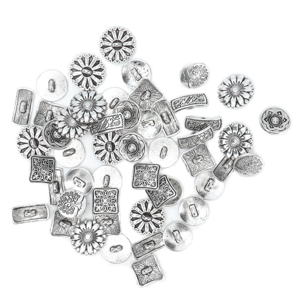 50pcs Antique Silver Flower Buttons Round Shape Engraved Buttons Metal Buttons For DIY Projects