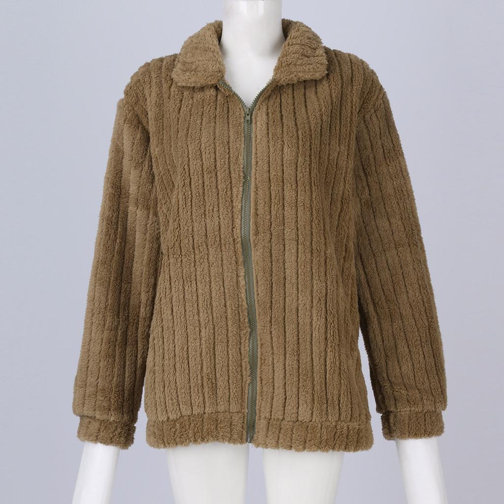 Women's Fashionable  And Winter Plush Cardigan With Zipper Lapel Short Jacket