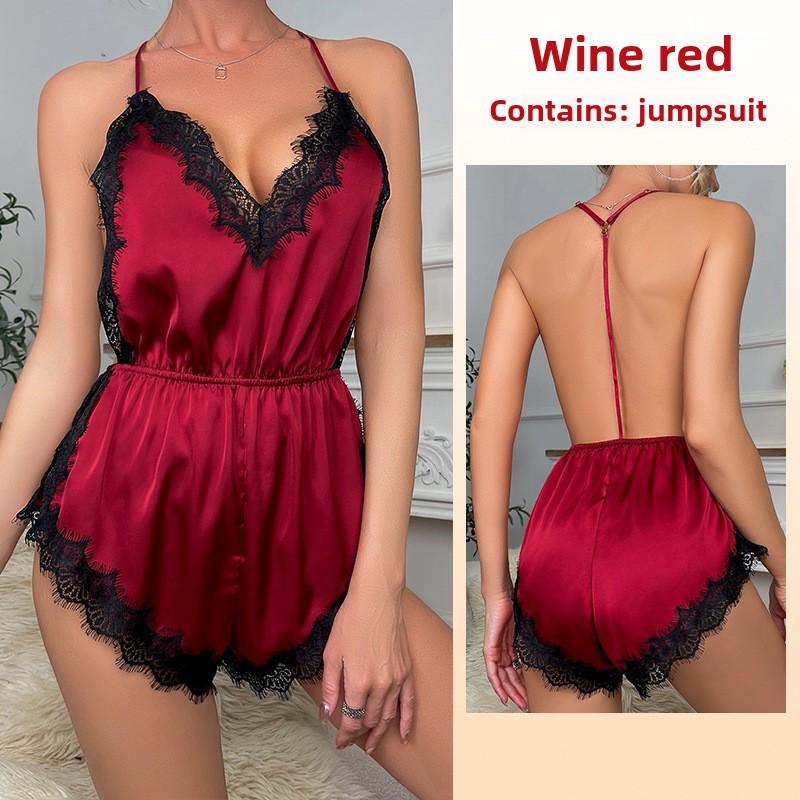 Sexy Temptation Suspender Tílko Šortky Pyžamo Jednodílné ledové hedvábné pyžamo Loungewear s límečkem