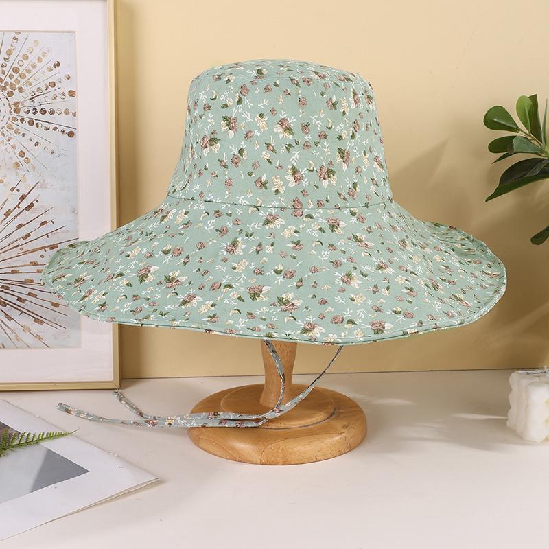 Artistic style full edition small floral large eaves windproof rope fisherman hat suitable for ladies outdoor photos