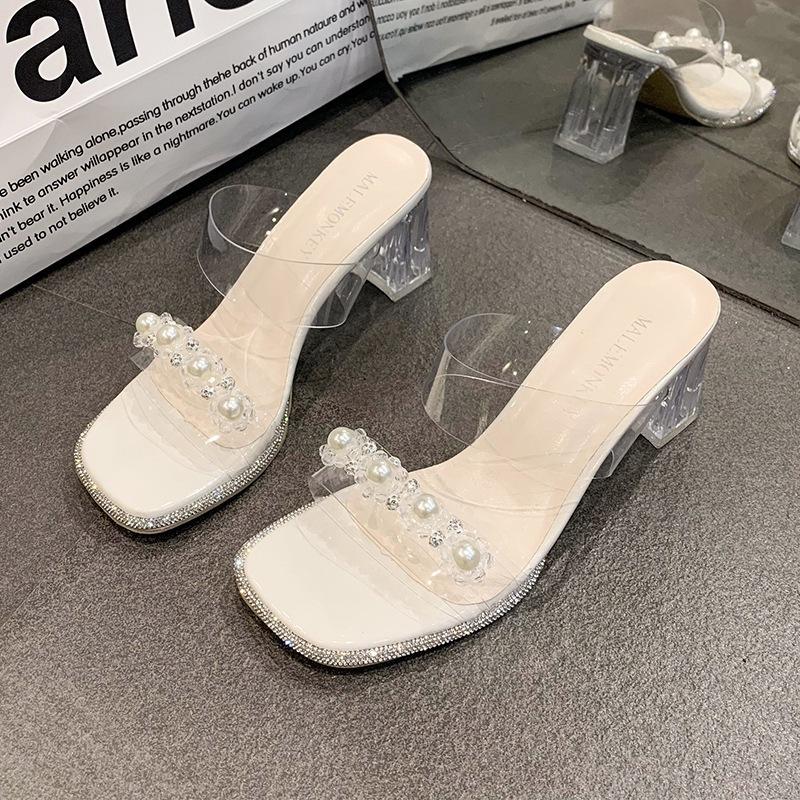 2025 Summer New Middle Heel Fashion Versatile High Heels Thick Heel Wear Rhinestone Cool Slippers Transparent Sandals Women