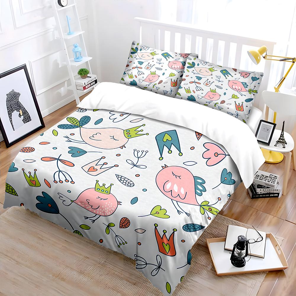 Cute Birds And Crown Floral Pattern Duvet Cover Set Digital Print Colorful Polyester Bedding With Zipper Closur For Kids Gifts