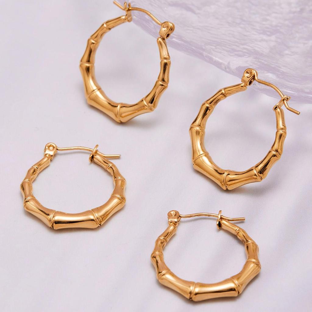 Qiong Yao Bamboo Joint Stainless Steel Earrings - PVD Gold-Plated Fashionable Color-Retaining Earrings for Women
