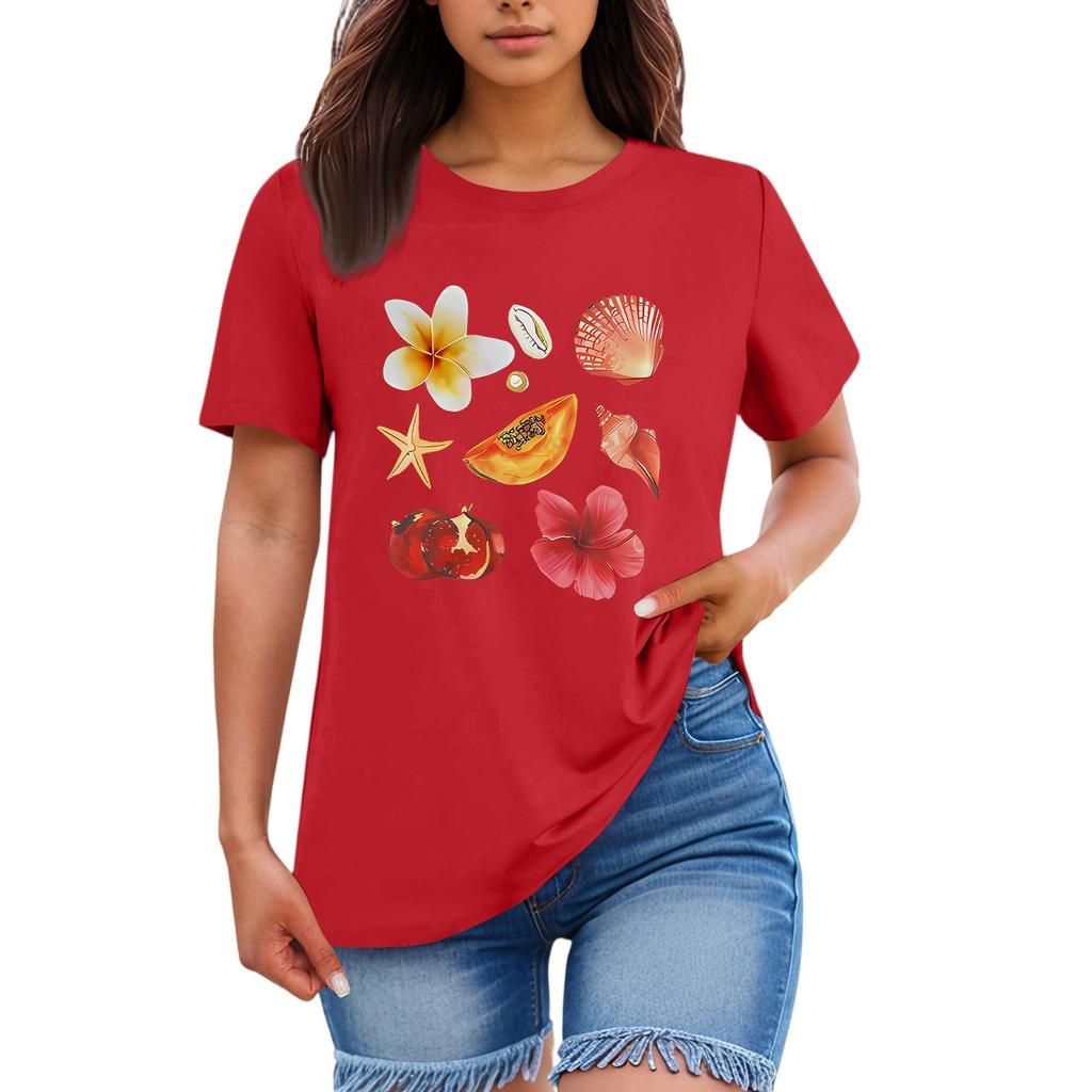 Ladies' Loose Comfortable Casual Fashionable  Fruit And Flower Pattern Printed Round Neck Short Sleeved Shirt