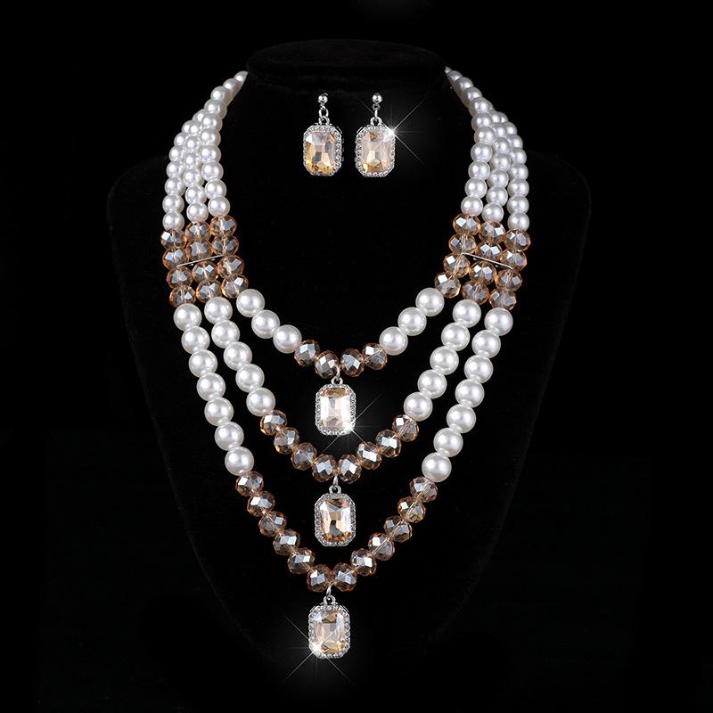 Geometrische Mehrschichtige Imitation Perle Kristall Halskette Ohrstecker Party Imitation Perle Diamant Halskette Schmuckset