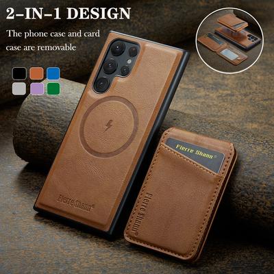 Leather for Magsafe Phone Case for Samsung Galaxy S24 S25 Ultra S22 Plus S23 FE Bracket Magnetic Cover with Card Holder L025