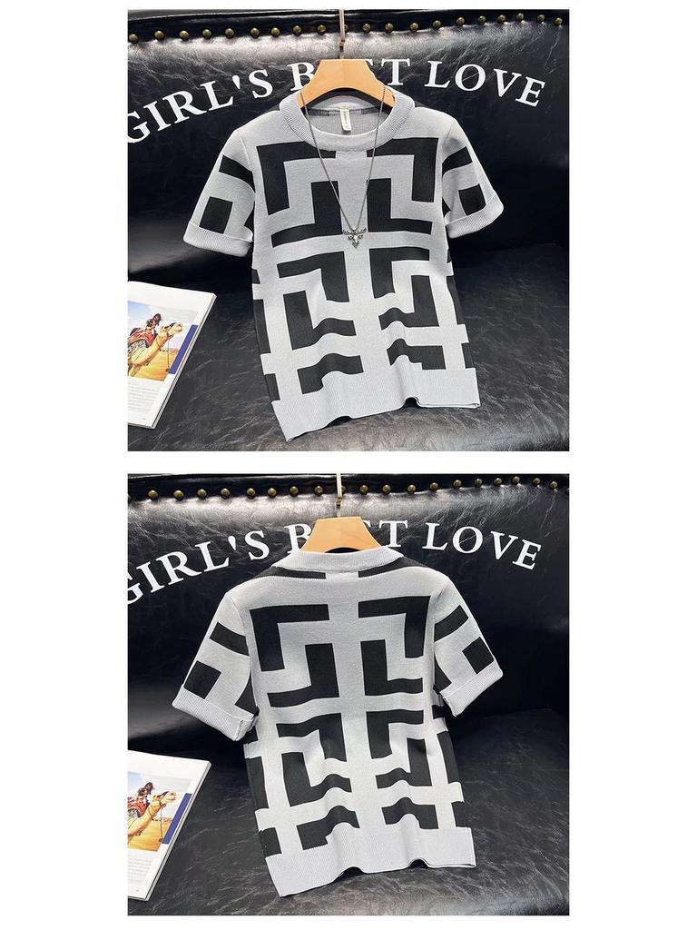 Men's Geometric Pattern Slim Fit Short-Sleeve Knitted T-Shirt