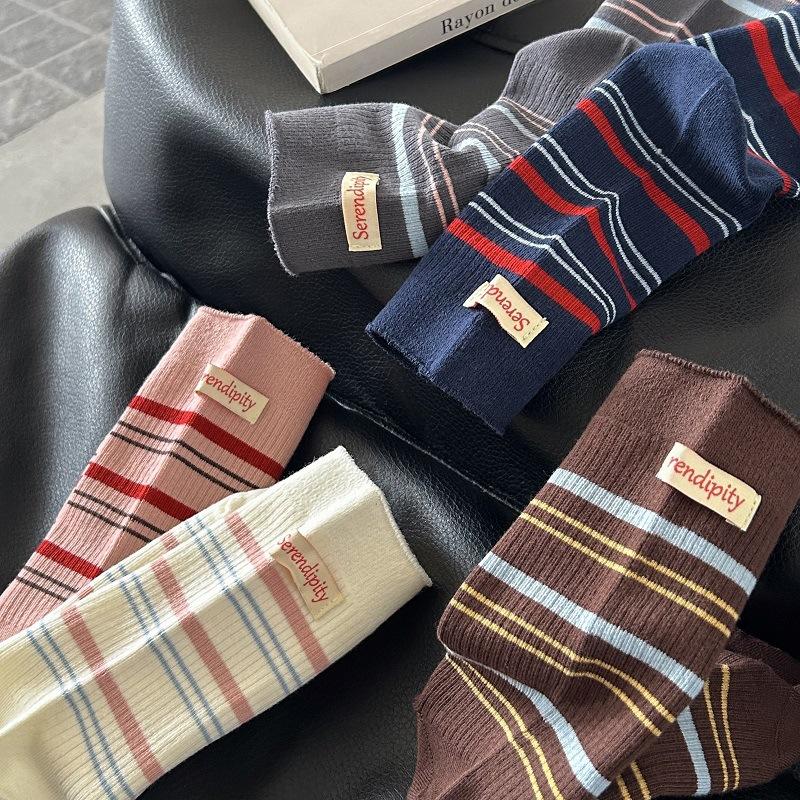 Color Matching Striped Cloth Label Socks College Sub-Casual Medium Tube Socks Cloth Label Versatile Stacking Socks Sports Stockings