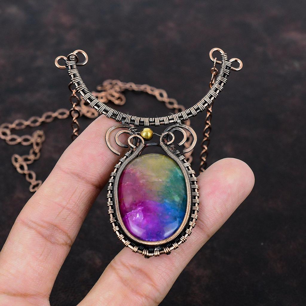 Rainbow Solar Quartz Druzy Necklace Copper Wire Wrapped Necklace Adjustable Necklace Gemstone Copper Jewelry Handmade Jewelry Gift For Wife