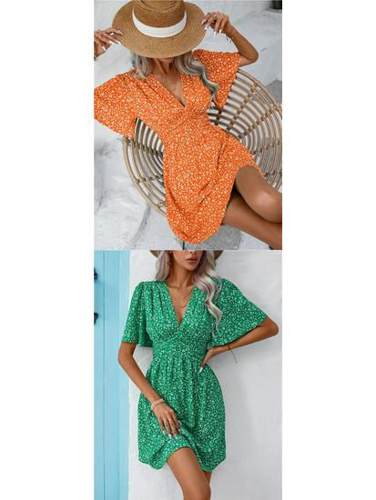 Summer Floral V-Neck Midi Dress with Pleated Skirt and Mid Sleeves