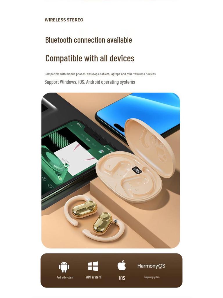 Open-Ear Bluetooth 5.4 Earphones: Non-In-Ear, Digital Display, Long Battery, High-Quality Sound, Ideal for Sports & Gaming
