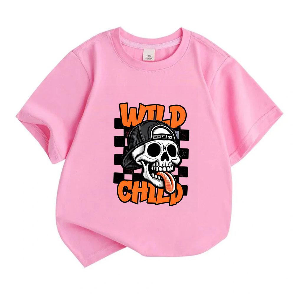 Kids Boys Girls 100% Cotton Crew Neck Short Sleeve T-Shirt, Cool Wild Child Skull Pattern Casual Breathable Tee, Fashion Streetwear Top for Daily Play