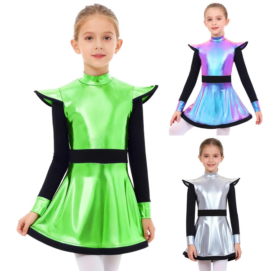 Robe Costumes d'Aliens pour Filles Patchwork Brillant Métallique Col Montant Manches Longues Fermeture Éclair Invisible Short Intégré