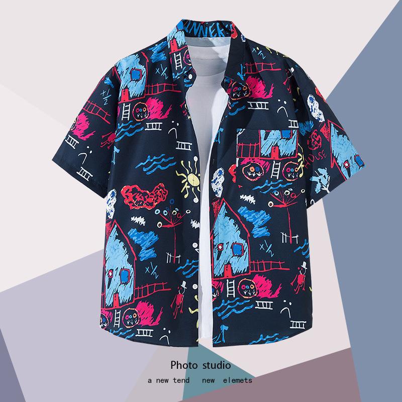Summer Beach Floral Men'S And Women'S Thin Shirts Trendy Hawaiian Port Style Loose Tie-Dye Short-Sleeved Couple Shirts