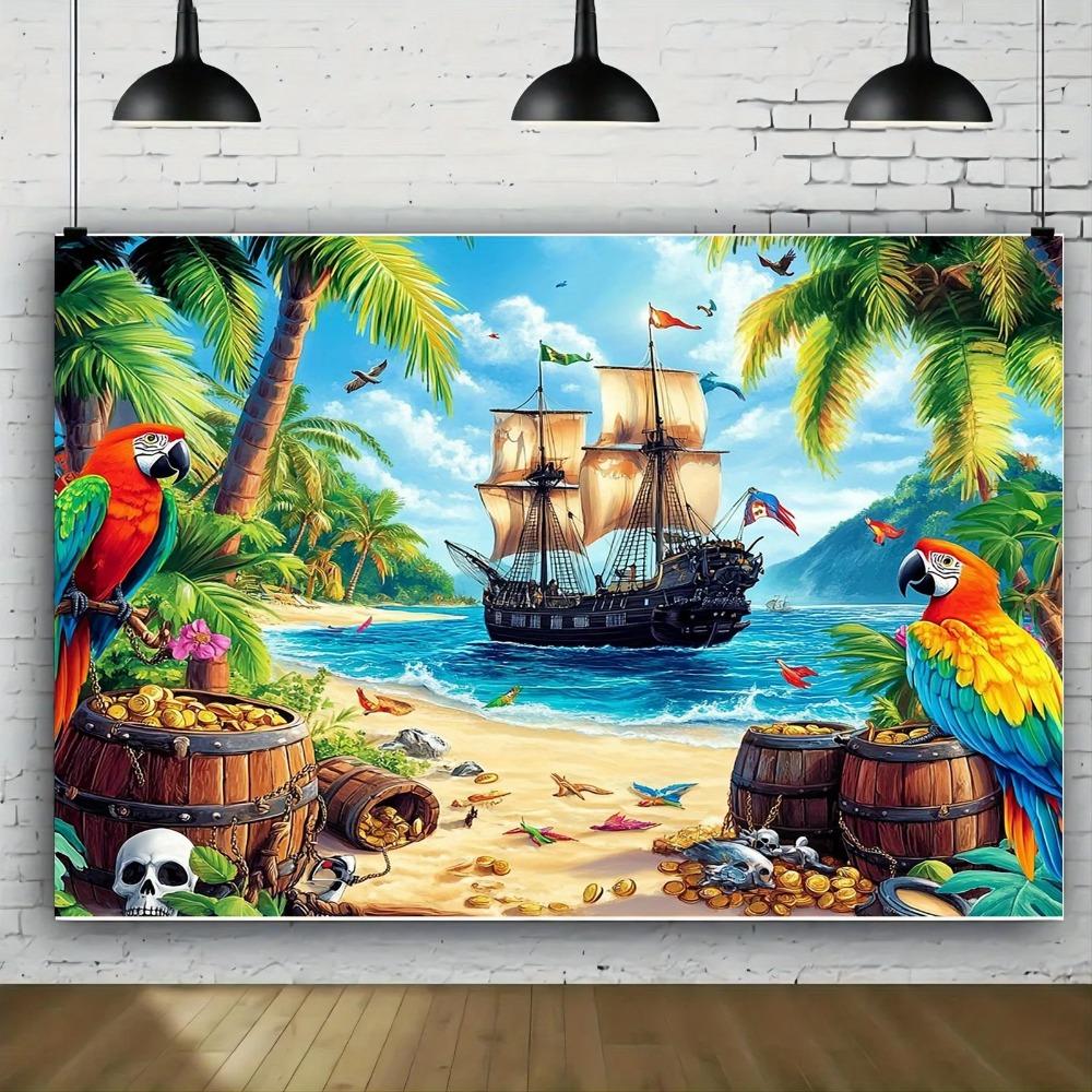 Pirate Ship Parrot Gold Coin Docking Style Party Background Adult and Children's Birthday Party Decoration Photography Backdrop