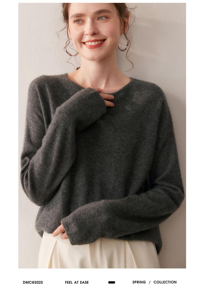 2025 Women's Cashmere Sweater - Round Neck, Osmanthus Stitch, Loose Fit, Curved Hem, Long Sleeve, Autumn/Winter Collection
