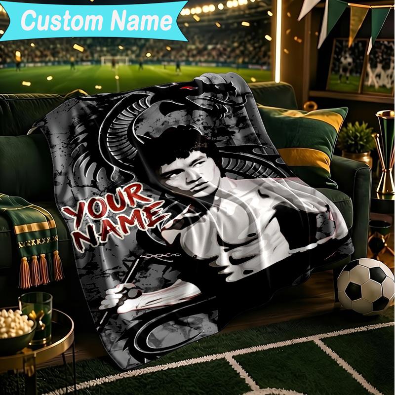 1PC Custom Name Blanket Dynamic Bruce-Lee Pose Flannel blankets Patterns Throw Blanket All-Season Soft Gift for Couch, Bed, Camping, Birthday gifts