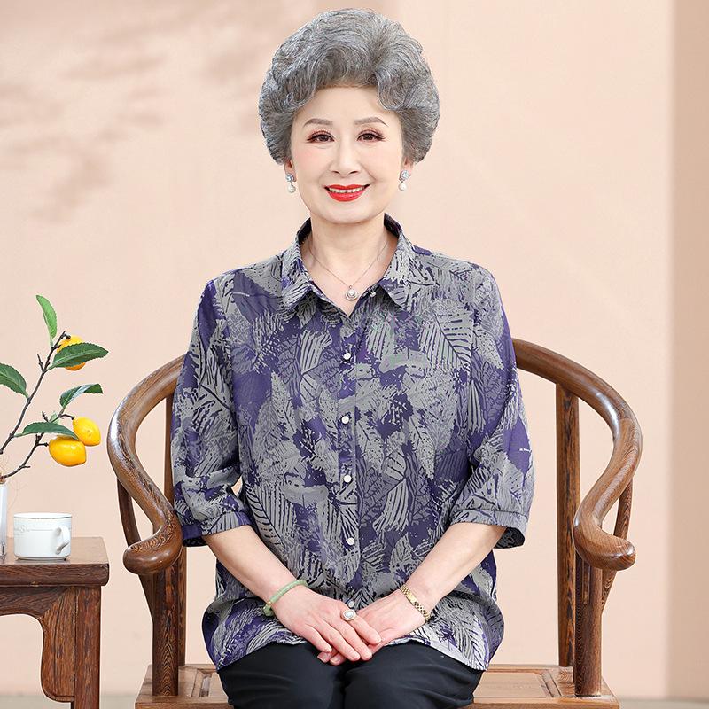 

Mother s Style Silk Seven-Sleeve Shirt: Stylish Spring/Summer Print for Seniors L (Recommended 80-100 lbs)