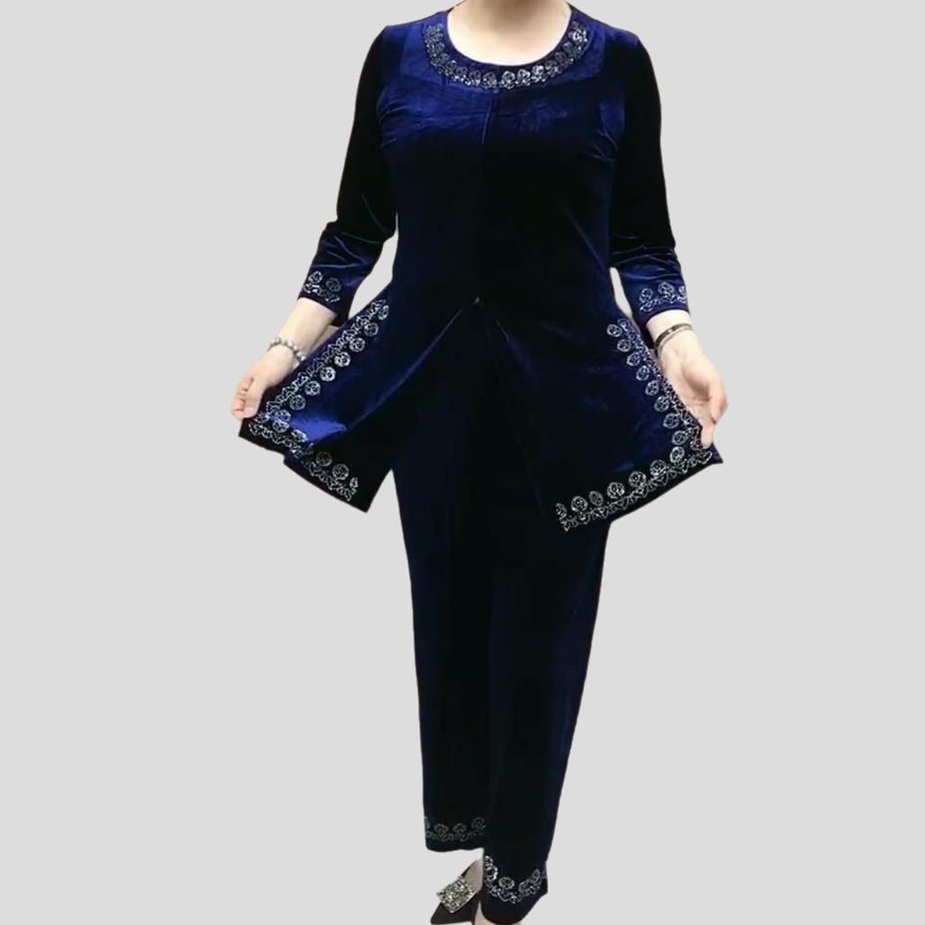 2pcs Pants Suits High-end Autumn Retro Women's Velvet Printed Plus-size Blouse High-waist Velvet Pants Two-piece Set